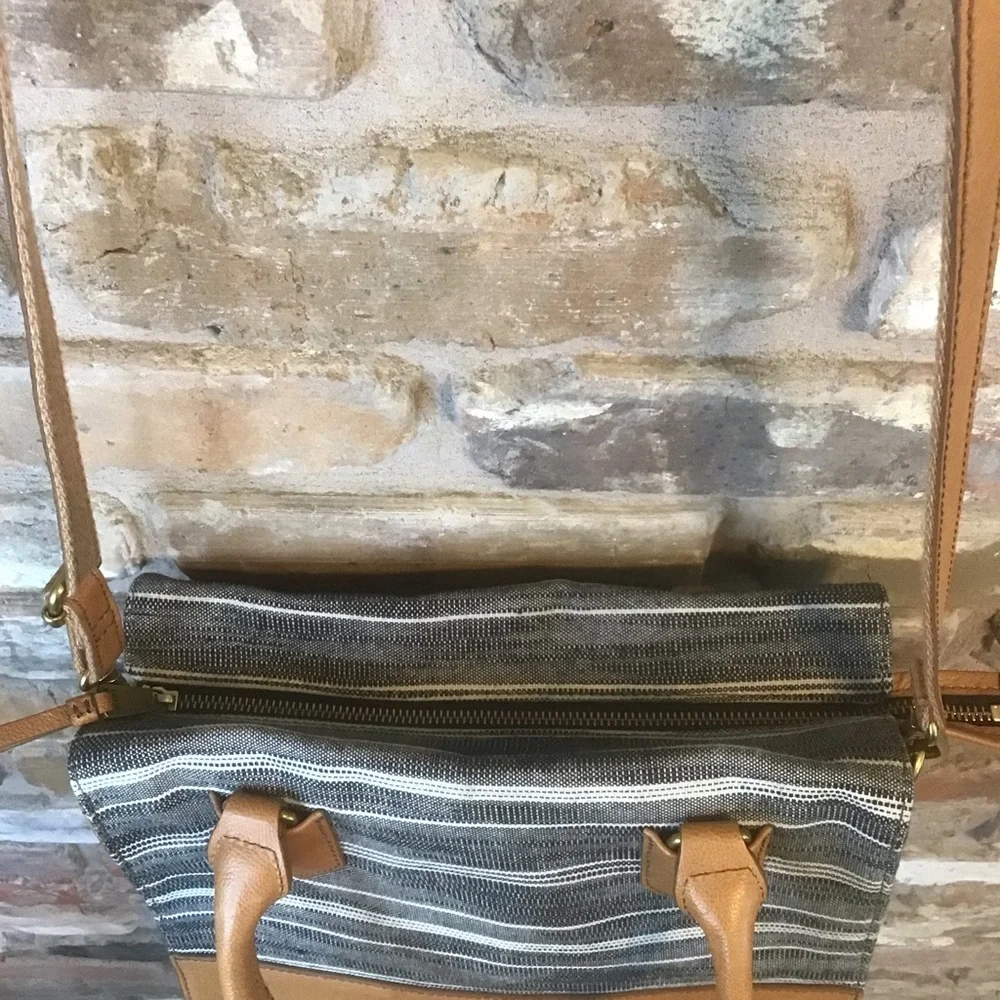FOSSIL Black Ecru Stripe Textile Cognac Leather Trim Satchel Shoulder Bag